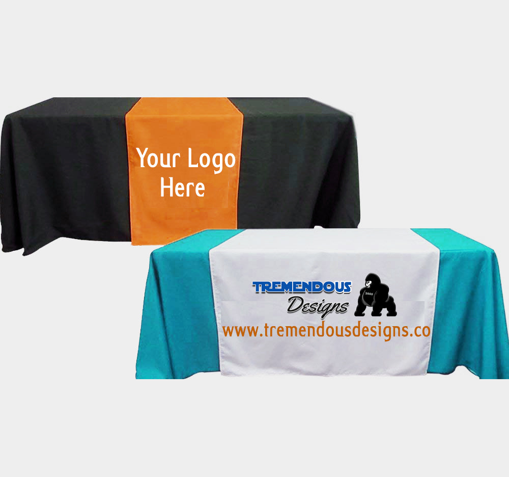Customize Table Runner with your logo or Design From 36"x72 to  36"x90"  Great for trade show booths - Tremendos Dsigns