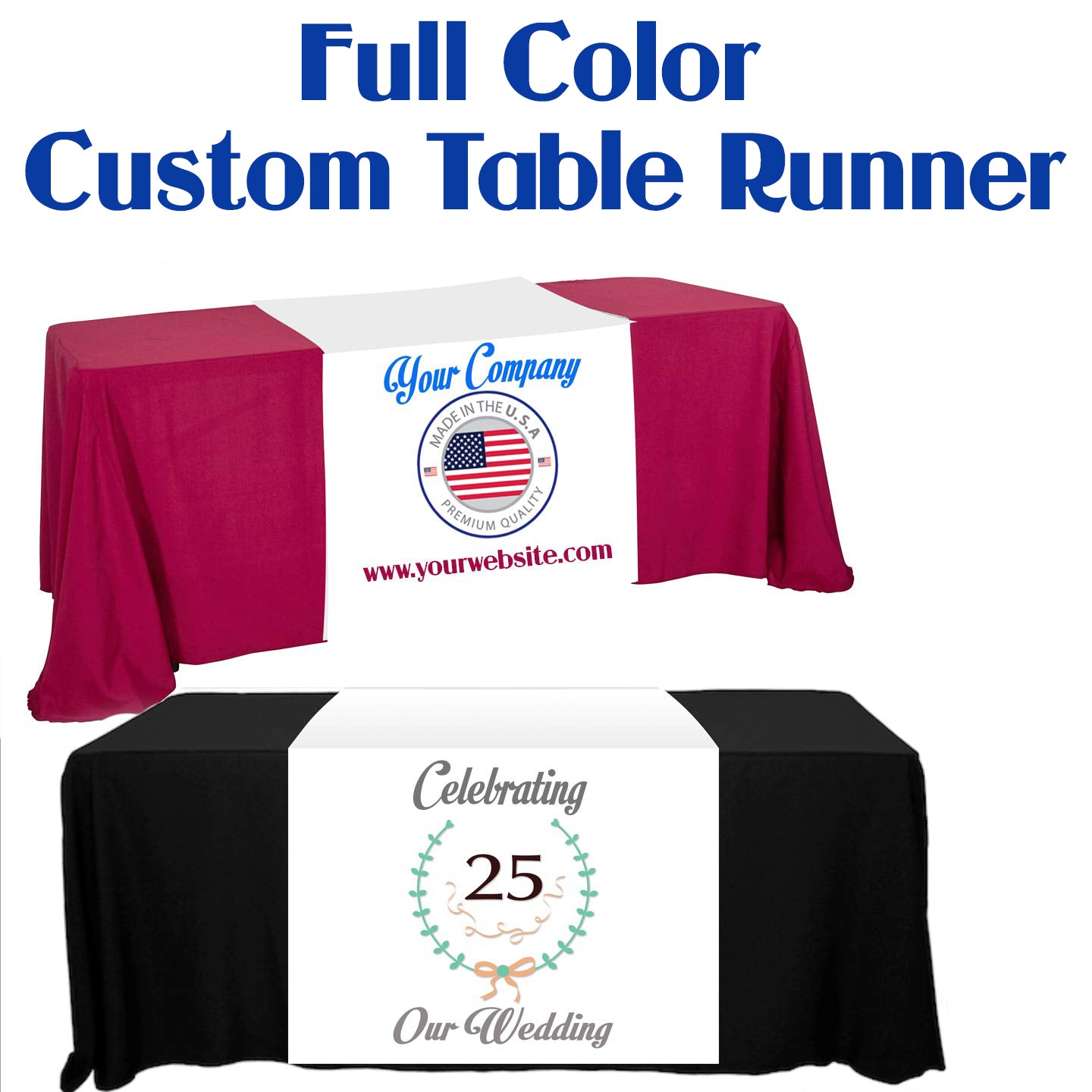 Customize Table Runner with your logo or Design From 24"x72" to  24"x90"  Great for trade show booths - Tremendos Dsigns